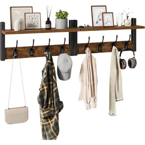 Coat Rack Shelf Wall Mounted, Coat Hooks Set of 2, Entryway Coat Hanger with 8 Hooks, 31.5" Wall Floating Shelf with Hat Rack, for Kitchen, Bedroom, Bathroom, Rustic Brown UHWS001H-2