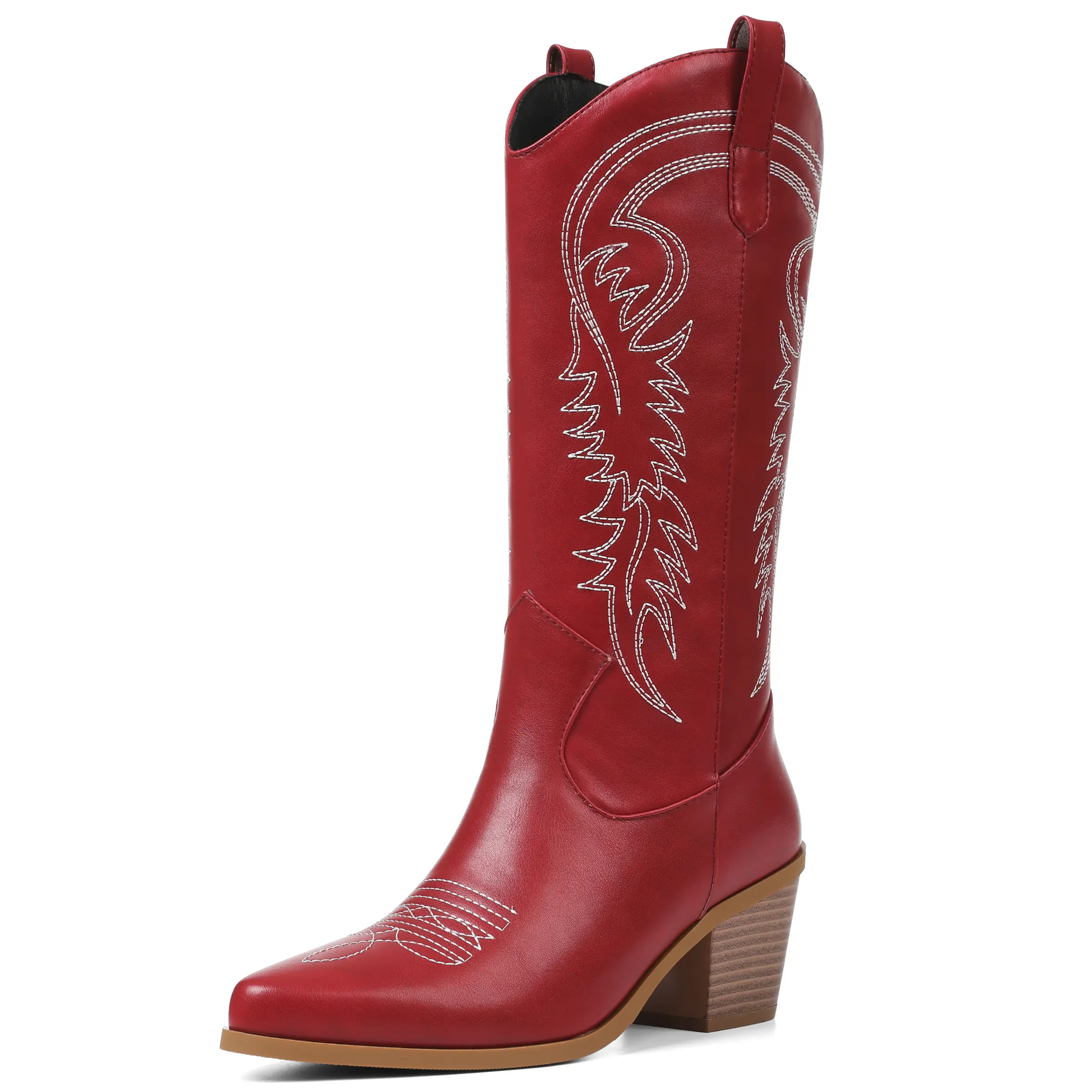 Women's Embroidered Cowboy Boots Knee High Western Boots Almond Toe Chunky Heel Stacked Cowgirl Combat Boots Fashion Retro Winter Boots