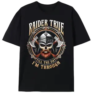 Viking Skull Graphic T-Shirt for Men, Casual Streetwear Short-Sleeve Round Neck Tee, Heavyweight 100% Cotton with Slight Stretch