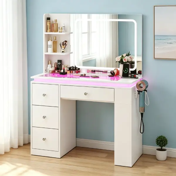 Lighted Mirror Makeup Vanity Desk with 3 Color Adjustable Mirror Lights, APP Controlled RGB Ambient Lights, Spacious Storage Drawers, Tempered Glass Tabletop, Built-in Power Outlet & Hair Dryer Rack, Versatile Side Storage, Ideal Gift for Girls Bedroom