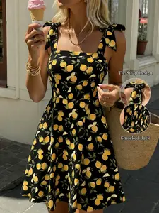 Lemon Print Mini Sundress  | Casual Tie-Shoulder A-Line Summer Dress  | Perfect for Vacation, Brunch & Beach | Smocked Back for Perfect Fit