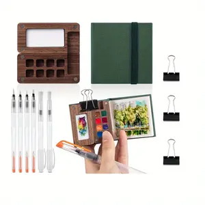 1Set Mini Portable Watercolor Palette Set Wooden Grid Paint Box, Watercolor Paper Pad Sketch Book Brush Pens with Binder Clips for Painters Artists Students