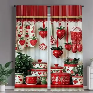 Valentine's Day Kitchen Curtains Set, Heart Strawberry Print, Polyester Semi-Transparent Rod Pocket, Modern Door Curtain