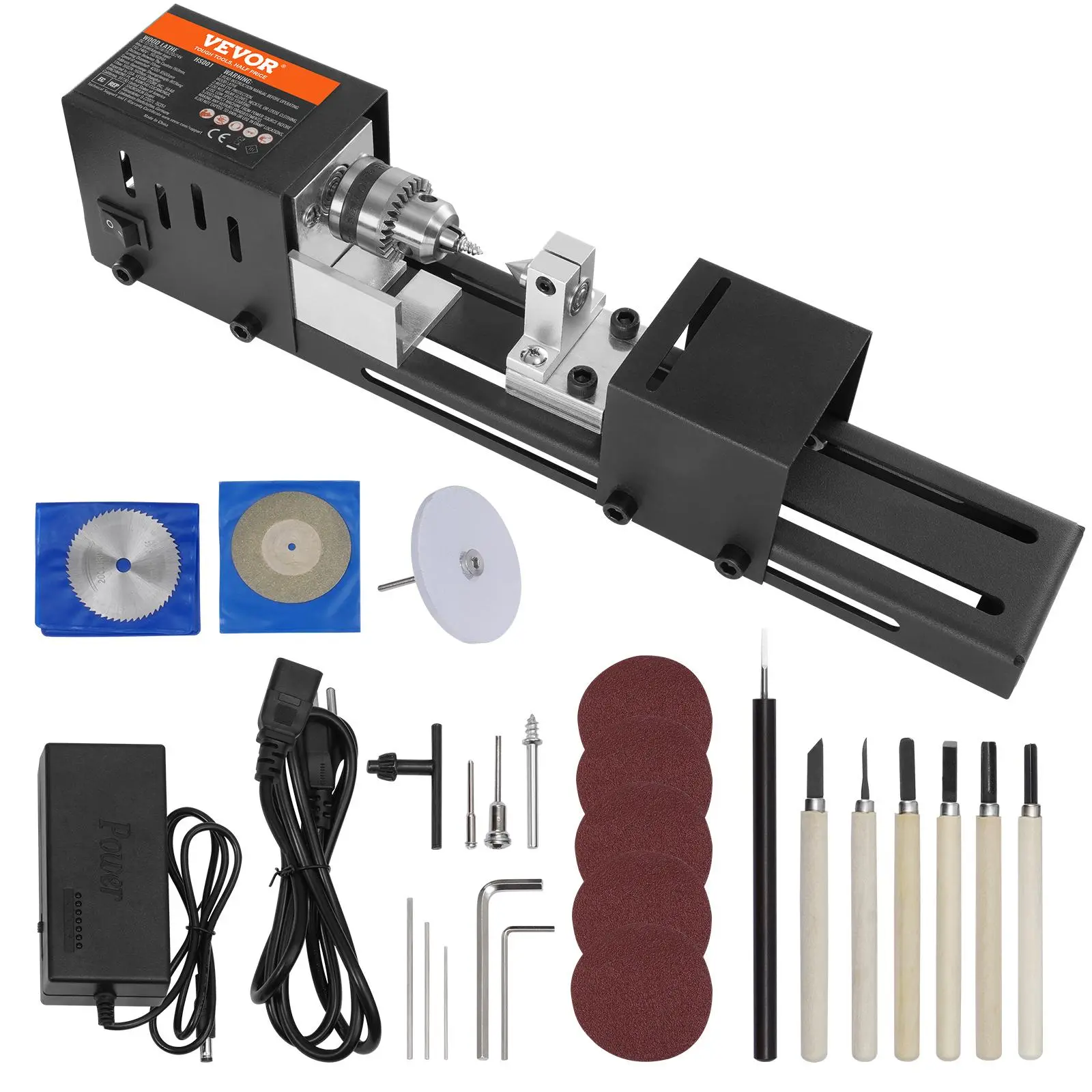 VEVOR Compact Lathe Machine, 2.76x6.3 in 24VDC 96W Motor 7 Speeds (4220-8450 RPM) Aluminum Alloy Kit with Sandpaper, Wood Router, Allen Wrench, Adapter, Ideal for DIY Woodworking, Father's Day Gift