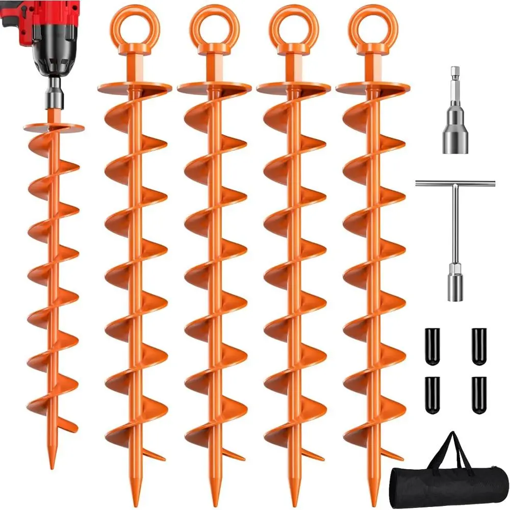 Ground Anchor Screws, 4 Pack Spiral Anchors with Nut and Tool, Swing Set Anchors, Tent Stakes High Wind Heavy Duty For Trampoline, Swing Set, Tent, Sheds, Carports, Mobile Home Orange