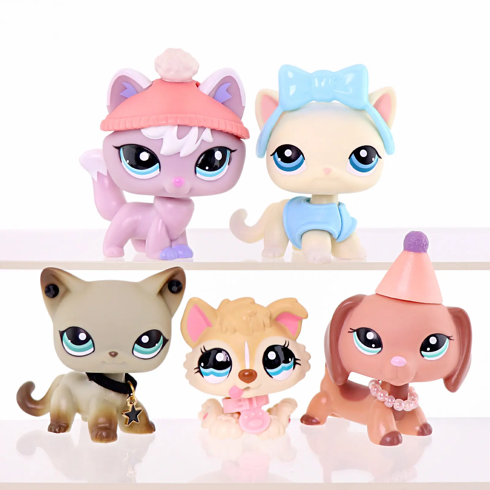 5 Pcs Mini Animal Figurine Set, Cat, Puppy & Dachshund Figures with Party Hat, Bow & Knit Hat Accessories, Desktop Collectible Decor Toy Gift