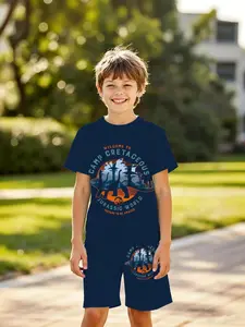Boys' Jurassic World Theme Dinosaur Print 3D Short Sleeve Set, Casual Two-Piece for Outdoor Ready, Holiday Gift, Birthday Present