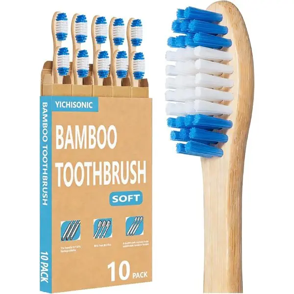 Bamboo Toothbrushes, 2-in-1 Soft & Medium Bristles Scientifically Arranged for Deep Cleaning, BPA-Free Biodegradable, 10-Pack for Adults, Ideal for Home & Travel