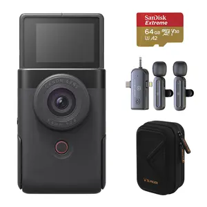Canon PowerShot V10 Vlog Camera for Content Creators, Black, Bundle with 64GB UHS-I U3 microSDXC Memory Card with SD Adapter, 3-In-1 Wireless Lavalier Microphone and Small Camera Case