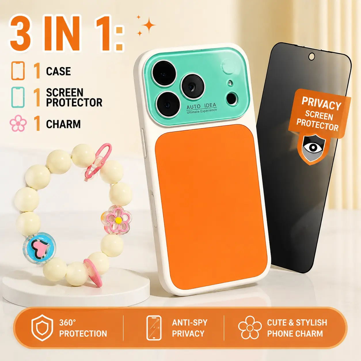 3 in 1: 1case 1 anty-spy screen protector 1charm summervibe dopamine candy colored skin texture crystal phone case, contrasting color full lens protection, anti drop, wear-resistant, suitable for iPhone 17 Pro Max 16 15 14 13 Cute Multi-Color Everyday