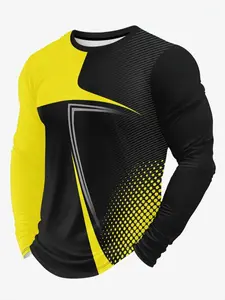 Men's Casual Sporty Long Sleeve Shirt, Bright & Geometric Design, Breathable Polyester Fabric, Round Neck, Athletic Top, Athleisure Breathable Clothes, Athletic Sports Clothing, Breathable Activewear, Athletic Apparel, Breathable Sportswear Top