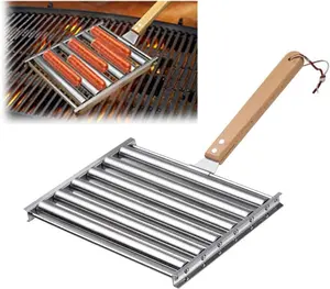 Stainless Steel Hot Dog Roller Grill, Hot Dog Roller for Grill with Extended Wooden Handle, BBQ Sausage Roller for Uniform Cooking, Holds 5 Hot Dogs