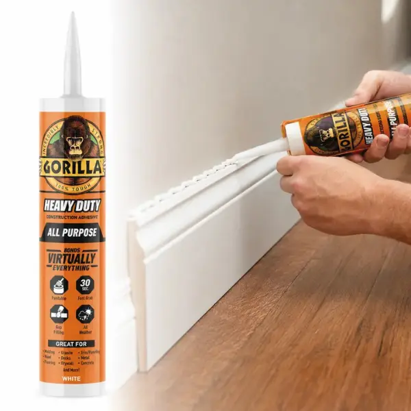 Gorilla 9 oz. Heavy Duty Construction Adhesive, All Surface All Purpose Adhesive, 100% Waterproof Formula, Fast Grab in 30 Seconds, Bonds Subfloor Mirror Trim Drywall, Paintable Gap Filling Low Odor, Indoor Outdoor Use.