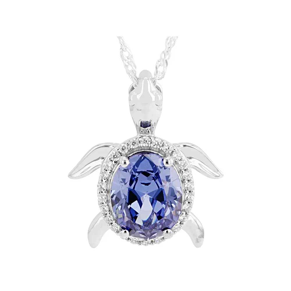 JTV Rhodium-Plated Sterling Silver Turtle Pendant, Blue and White Cubic Zirconia, 3.70ctw Artificial Gemstone Jewelry Accessory, Turtle Shape