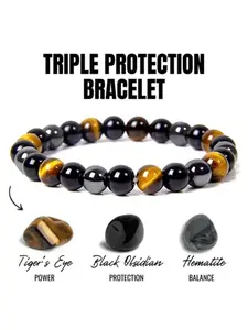 Men's Natural Stone Bead Bracelet | Tiger Eye Iron Ore Black Onyx Elastic Beaded Bracelet for Women | Tiger Eye Hematite for Strength and Balance | Energy Bracelet | Tigers Eye Bracelet