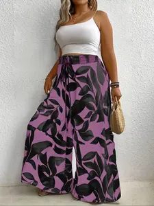 Fashion Plus Size Casual Boho Bohemian Elegance Plant Leaf Print Wide Leg Pants, Loose Fit Skirt Pants for Women, Blue, Bottoms