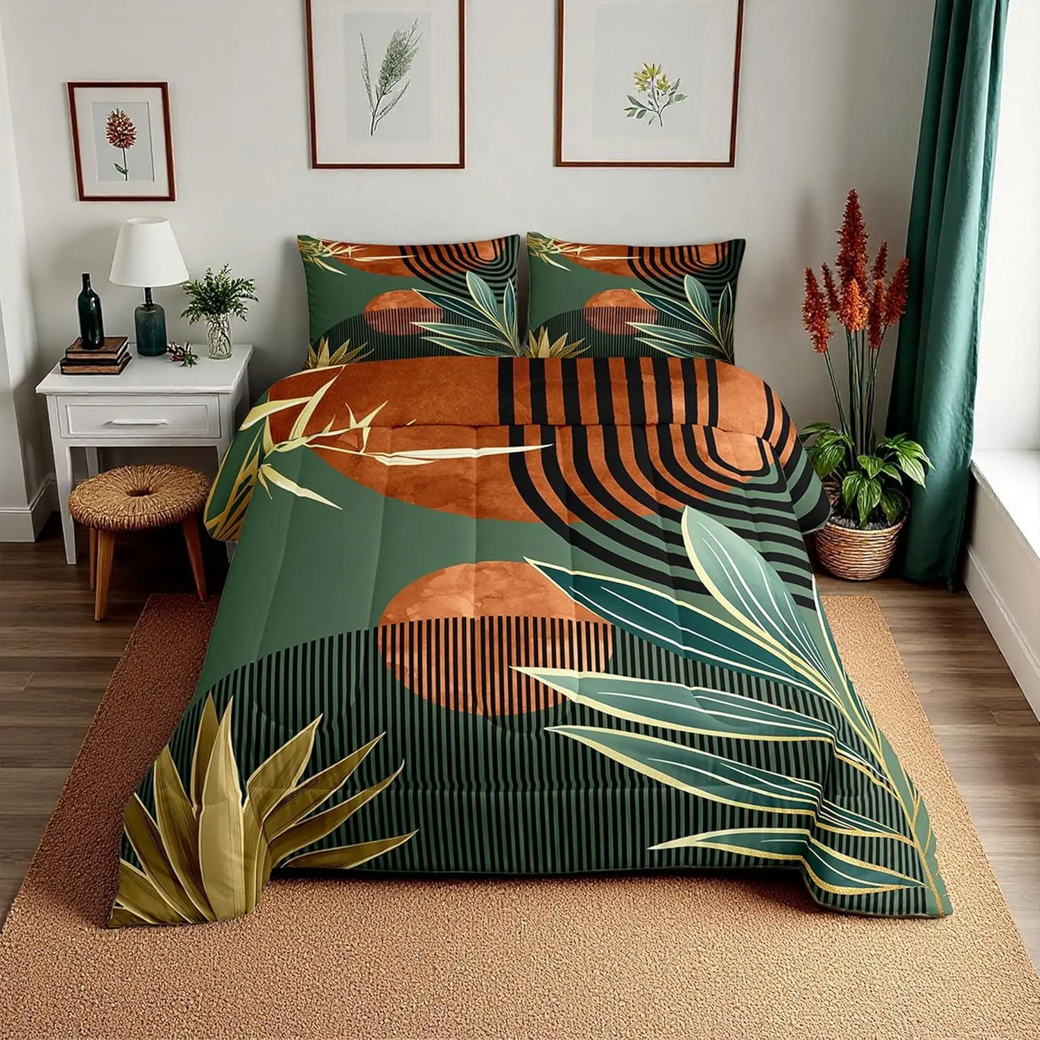 Feelyou Queen Bed Comforter Set - Bohemian Quilt & Bedspread Set with Boho Mid-Century Vintage Minimalist Style, Abstract Geometric Stripes Art, Green-Orange Design, Bohemian Quilt Set