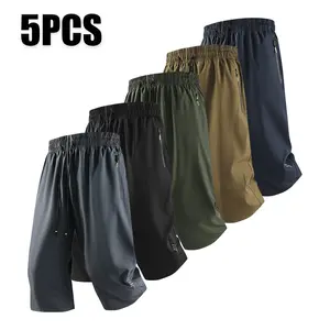 Pack of 5 men’s casual shorts, plus size with zippered pockets, mid-rise, lightweight and wear-resistant polyester fiber—ideal for summer training, outdoor activities, and everyday athletic wear.