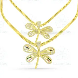 Camelias  Dragonfly Pendant with 20 Inches Cuban Chain Elegant Necklace Jewelry
