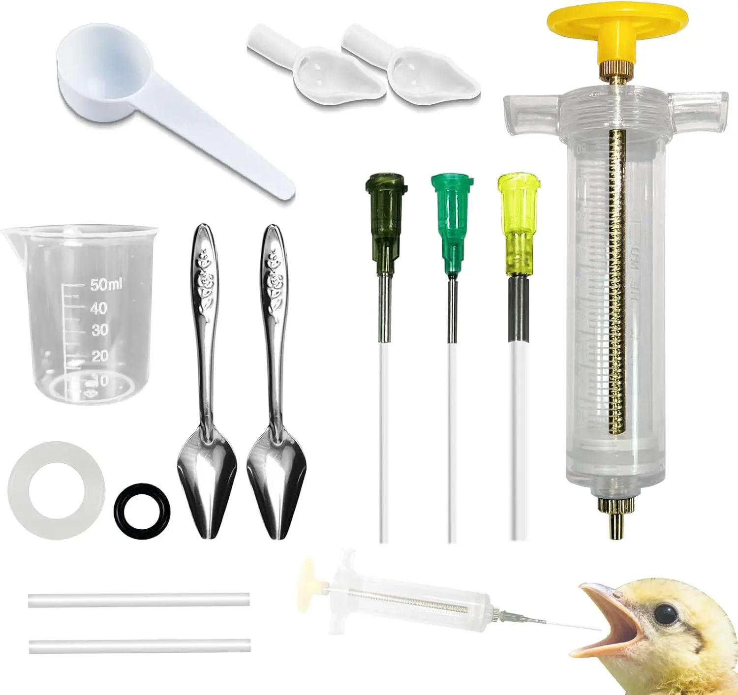 14-Piece Stainless Steel Feeding Syringe Set - Adjustable Measuring Syringe (50ml, 1mm-4mm Diameters), 2 Bird-Shaped Replacement Heads, Hand Feeding Kit for Baby Small Pets