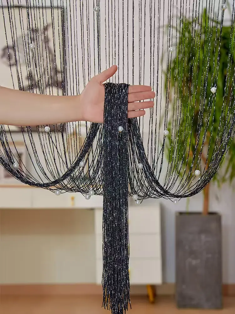 Champagne-Black 2-Piece Set Beaded Door Curtains (39in x 79in) - Hippie Bohemian Room Decor for Doorways, Room Dividers, Privacy Screens