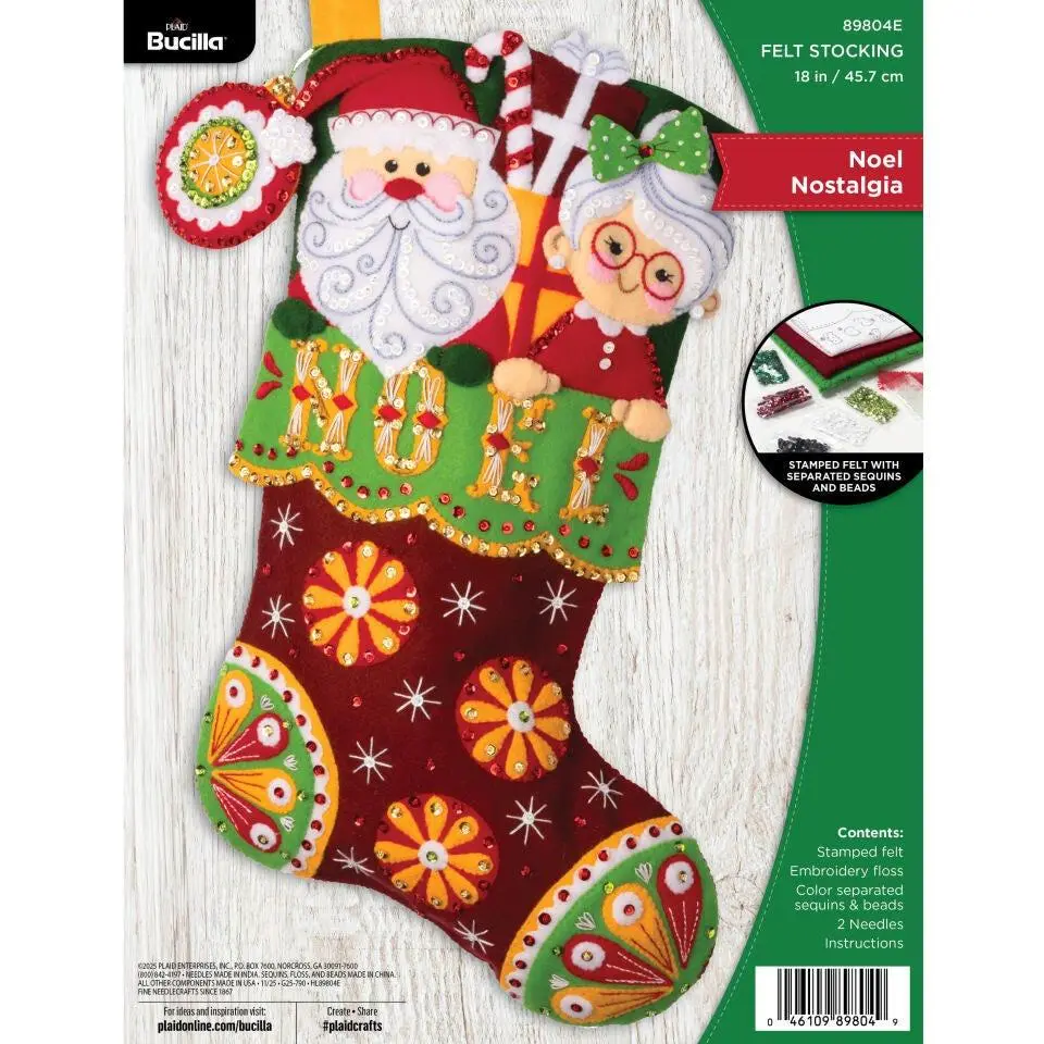 Bucilla® Noel Nostalgia Christmas Felt Stocking Kit with 2 Needles, Festive Home Decoration, Holiday Gift Option, Model 89804E