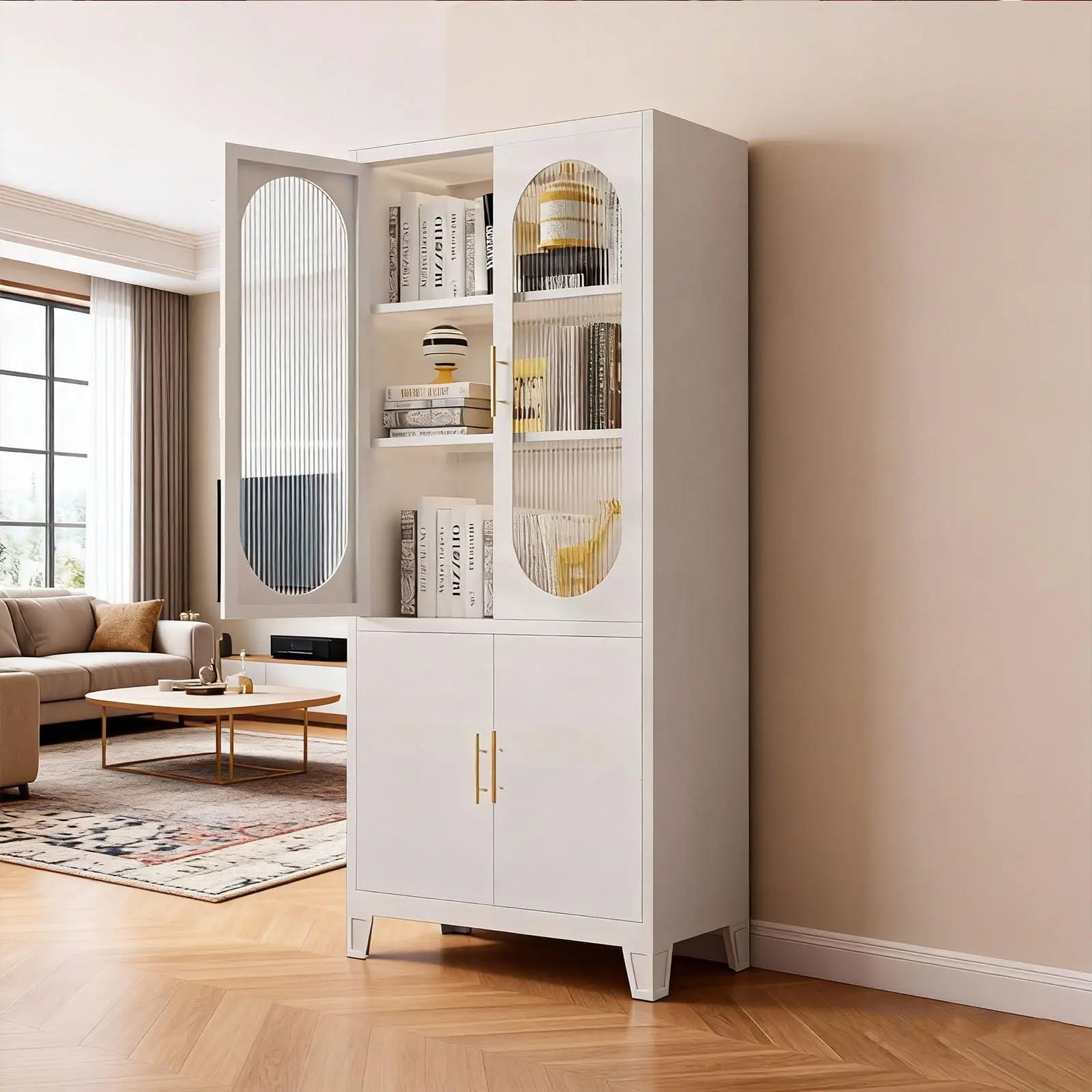 Garvee 71" Modern Storage Cabinet with Fluted Glass Doors, Metal Accent Pantry Cupboard with Sturdy Base for Kitchen and Dining Room Organization