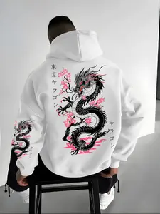 Men's Tokyo Night Dragon Hoodie, Trendy Eastern Aesthetic, Loose Fit, Comfortable Wear, Casual Style, Fall & Winter