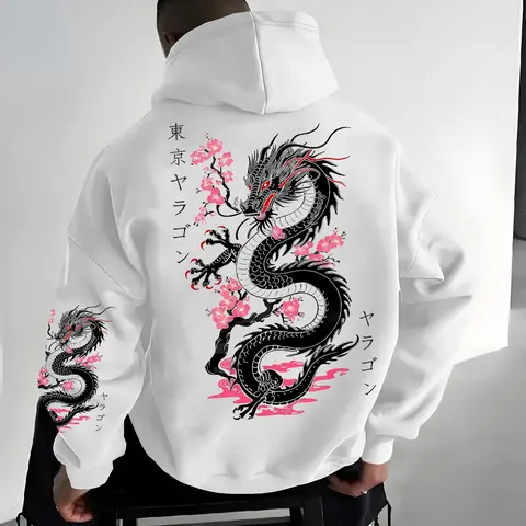 Men's Tokyo Night Dragon Street Fashion Hoodie, Trendy Eastern Aesthetic, Loose Fit, Comfortable Wear, Casual Style, Fall & Winter