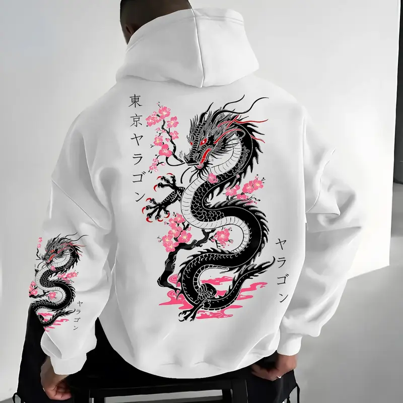 Men's Tokyo Night Dragon Street Fashion Hoodie, Trendy Eastern Aesthetic, Loose Fit, Comfortable Wear, Casual Style, Fall & Winter