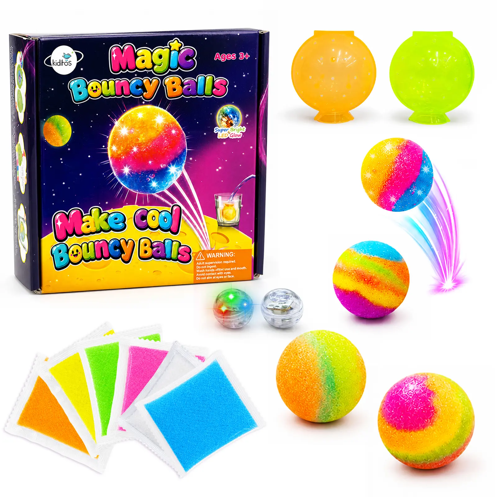 Kiditos DIY Light Up Bouncy Ball Making Kit for Kids, Magic Bouncy Balls with LED Light, 6 Color Powders & 2 Sphere Molds, Creative Craft Science Toy, Birthday Party Gift for Boys & Girls