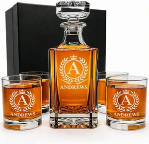 Personalized Whiskey Decanter Set with Glasses for Men - Custom Engraved Bourbon Decanter Gift Set - 4 Designs - Laser Etched Monogram - Groomsmen Gifts, Father's Day, Birthday