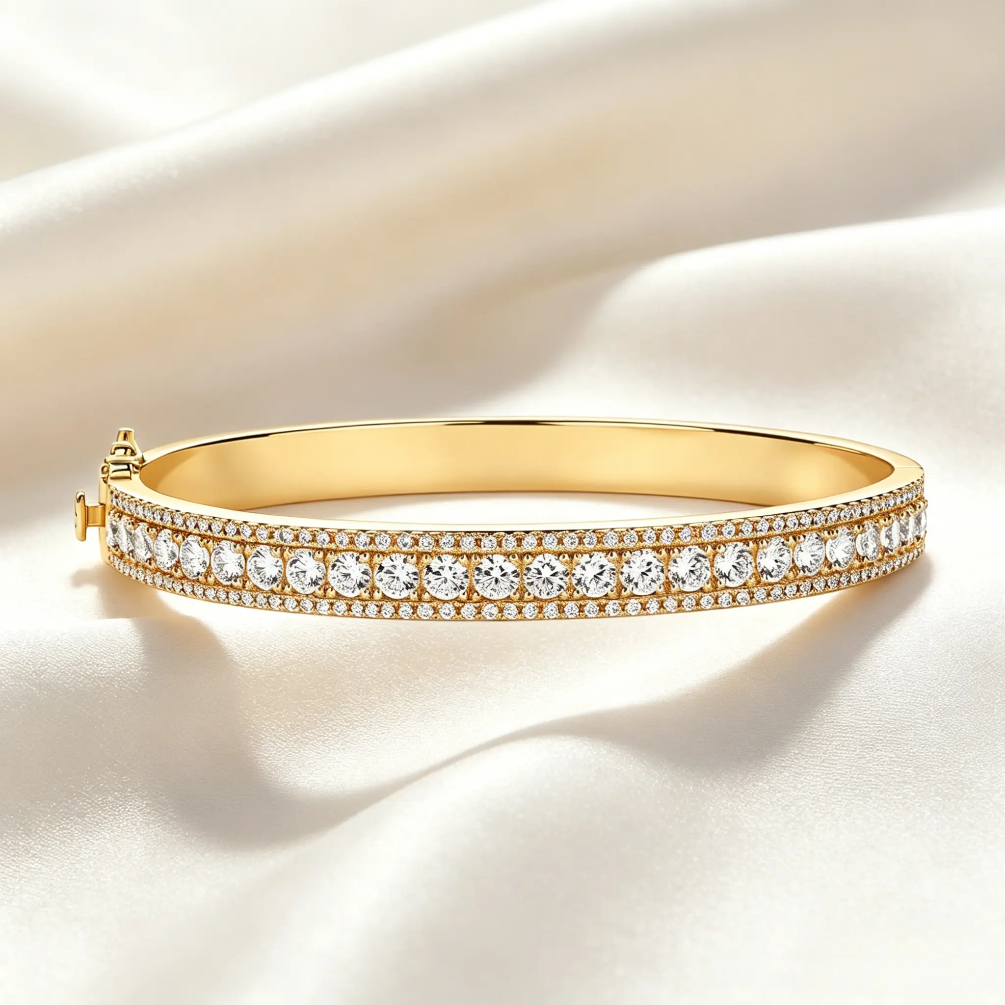 Women's Double-Row Sparkling Cubic Zirconia Bracelet - Silver-Gold Plated Hinged Bangle with Inlaid Crystals, Luxury Look Unisex Party Wear Jewelry Gift (Sparkle Effect Included)