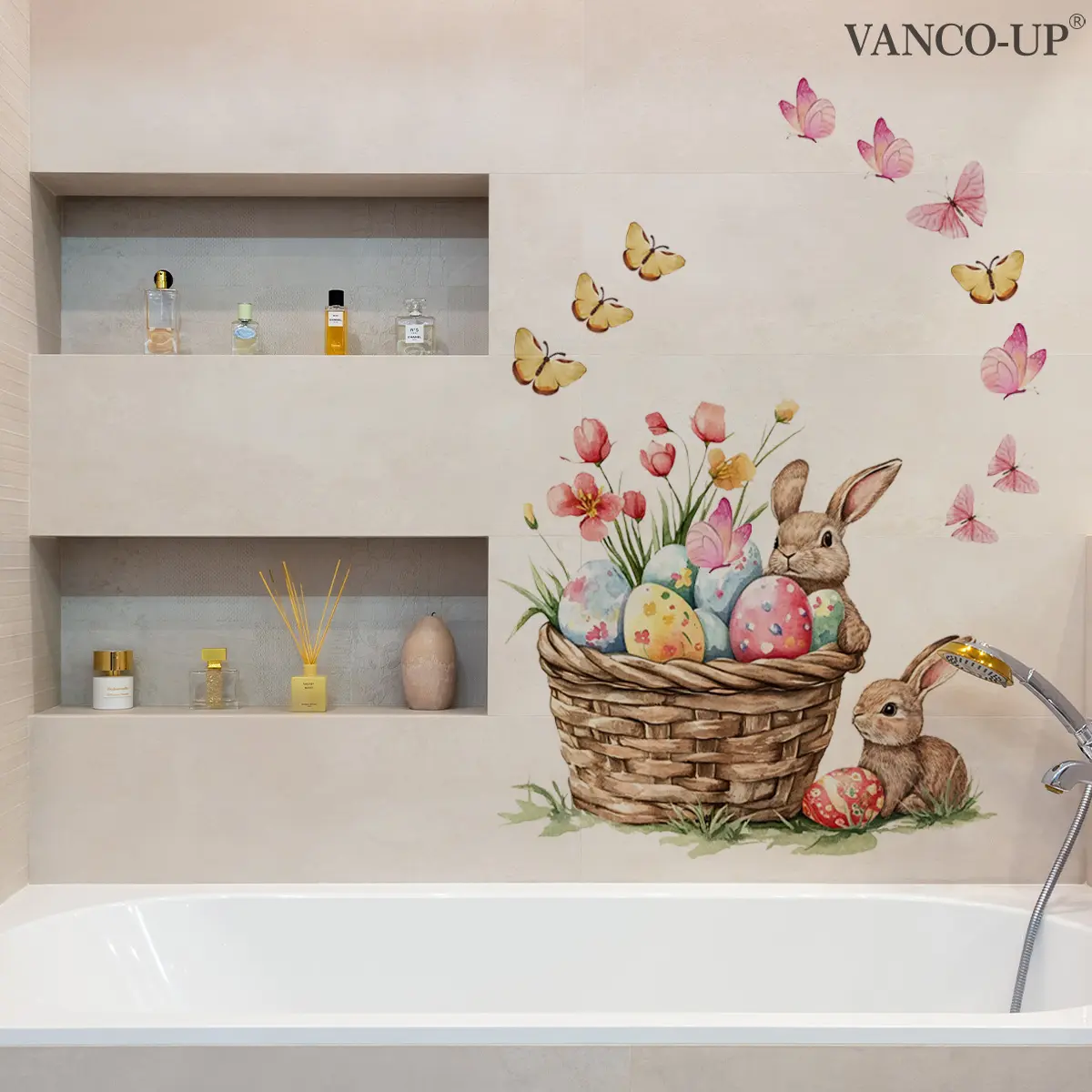 A (30*40cm) Easter bunny holding colored eggs and butterfly wall sticker for beautifying home living room, self-adhesive bedroom corridor background wall decorative sticker N20548