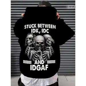 Men's skeleton print with IDK IDC IDGAF text Graphic Hoodie - Cotton Blend Black Long Sleeve Pullover Regular Fit | Soft & Breathable Fabric, Durable Print, Everyday Comfort, Machine Washable, casual urban streetwear outdoor urban setting