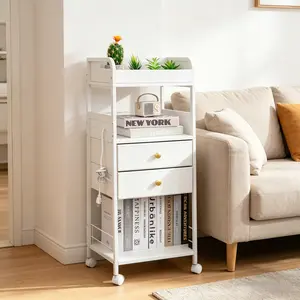 [HUOMAQFAN]CEYAZYE 3-Tier Rolling Utility Cart with Drawer, Wooden Tabletop & USB Port, Metal Storage Shelf Organizer for Kitchen Bathroom Living Room, White
