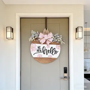 Country Farmhouse Style Welcome Door Sign, Round Wooden Door Plaque with Floral and Burlap Bow, Porch Entrance Decoration