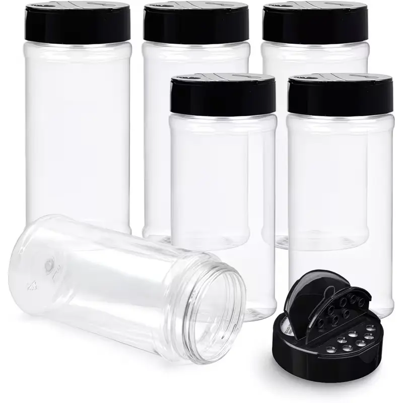 6-Set Durable Plastic Spice Jars (500ML/16 Oz Each) - Transparent Safe Bottles with Black Lids, Shaker Tops, Easy to Identify for Storing Spices, Herbs