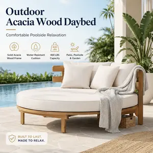 Super Outdoor Daybed Patio Lounger Round Acacia Wood Sofa Bed with Plush Cushions Modern Backyard Poolside Garden Deck Furniture Weather Resistant Outdoor Lounge Seating Relaxing Patio Couch for Backyard Oasis