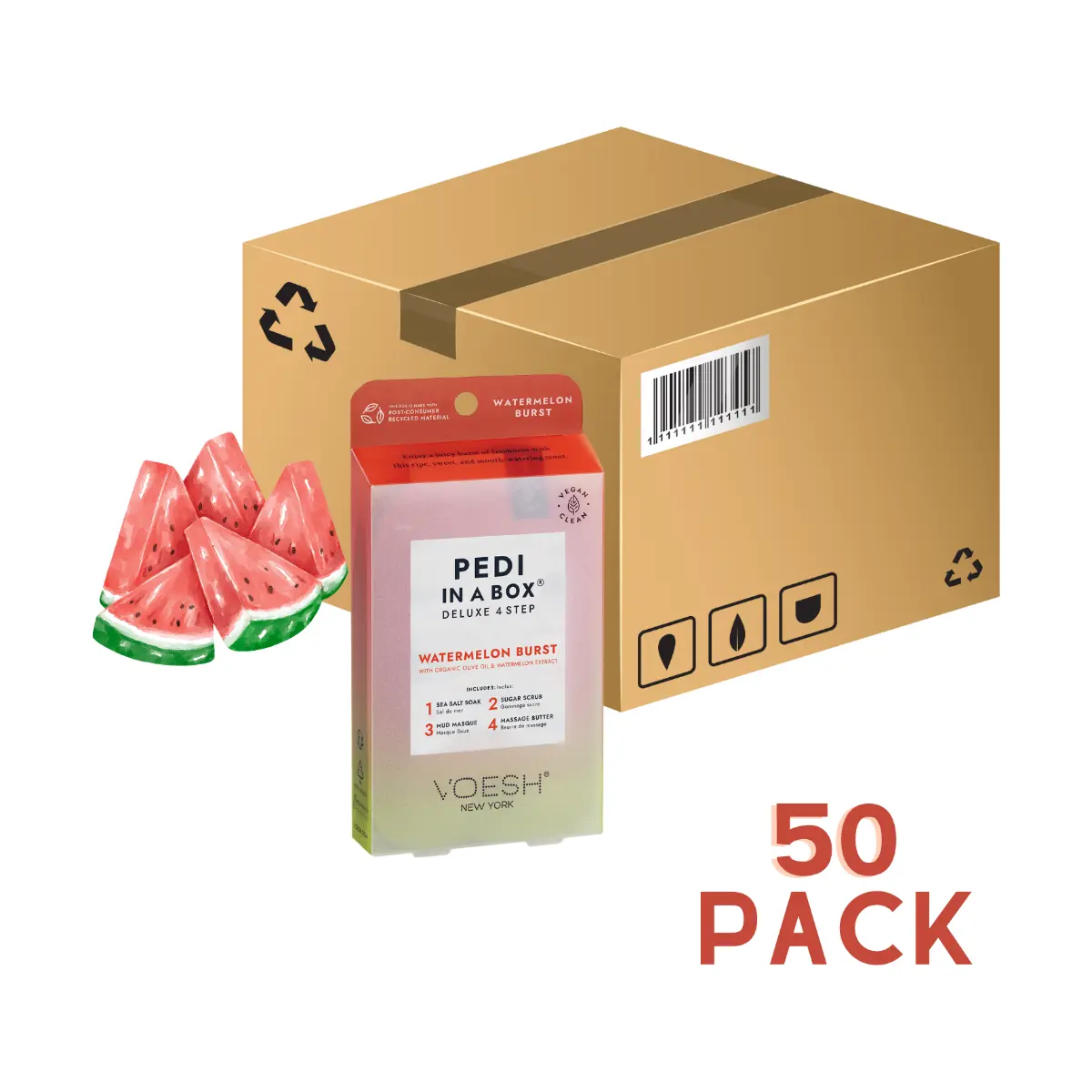 VOESH Pedi in a Box Deluxe 4-Step At-Home Pedicure Kit with Coconut Extract & Olive Oil for Silky Skin, Watermelon Burst, 50 Pack
