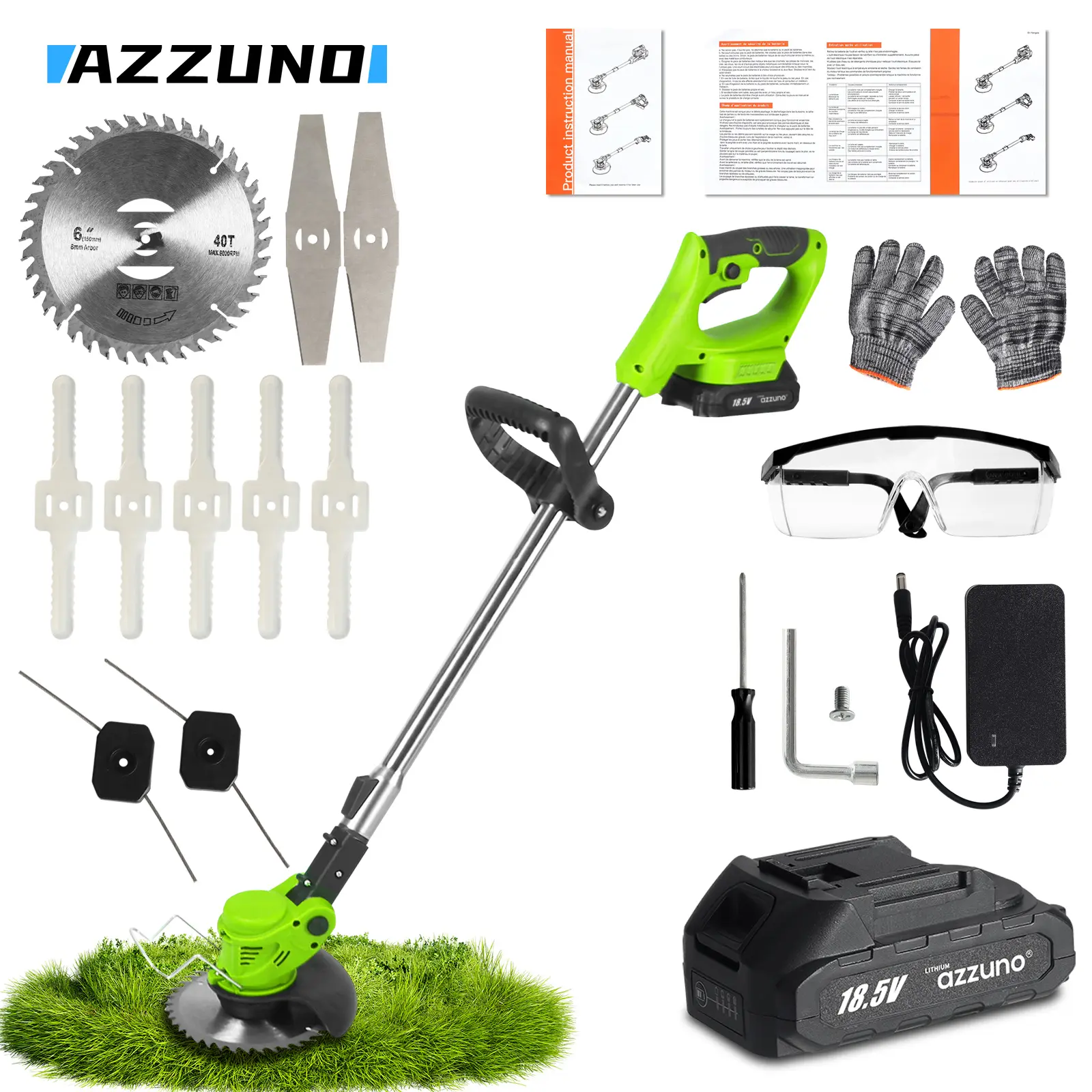 Azzuno Power Garden Grass Trimmer Set, 9800rpm High-Speed Motor, Adjustable Angle & Handle Length, 4 Blade Modes, Safety Switch, Efficient Cutting Performance