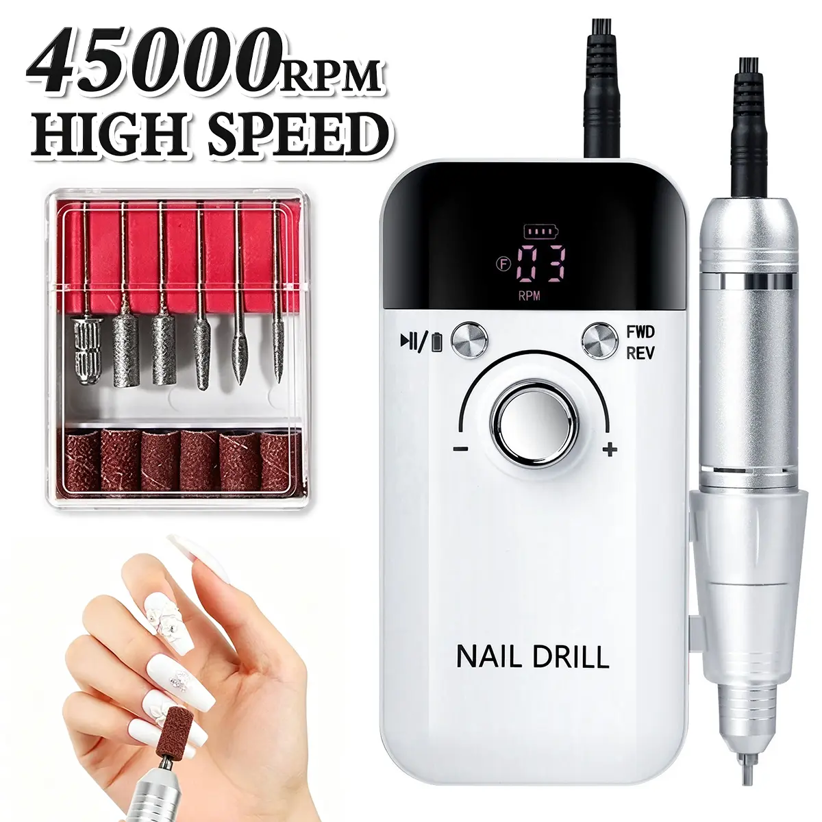 45000RPM Wireless Rechargeable Nail Drill Machine, Low Vibration Electric Nail File, Professional Manicure Pedicure Cuticle Remover for Home & Salon Nail Care