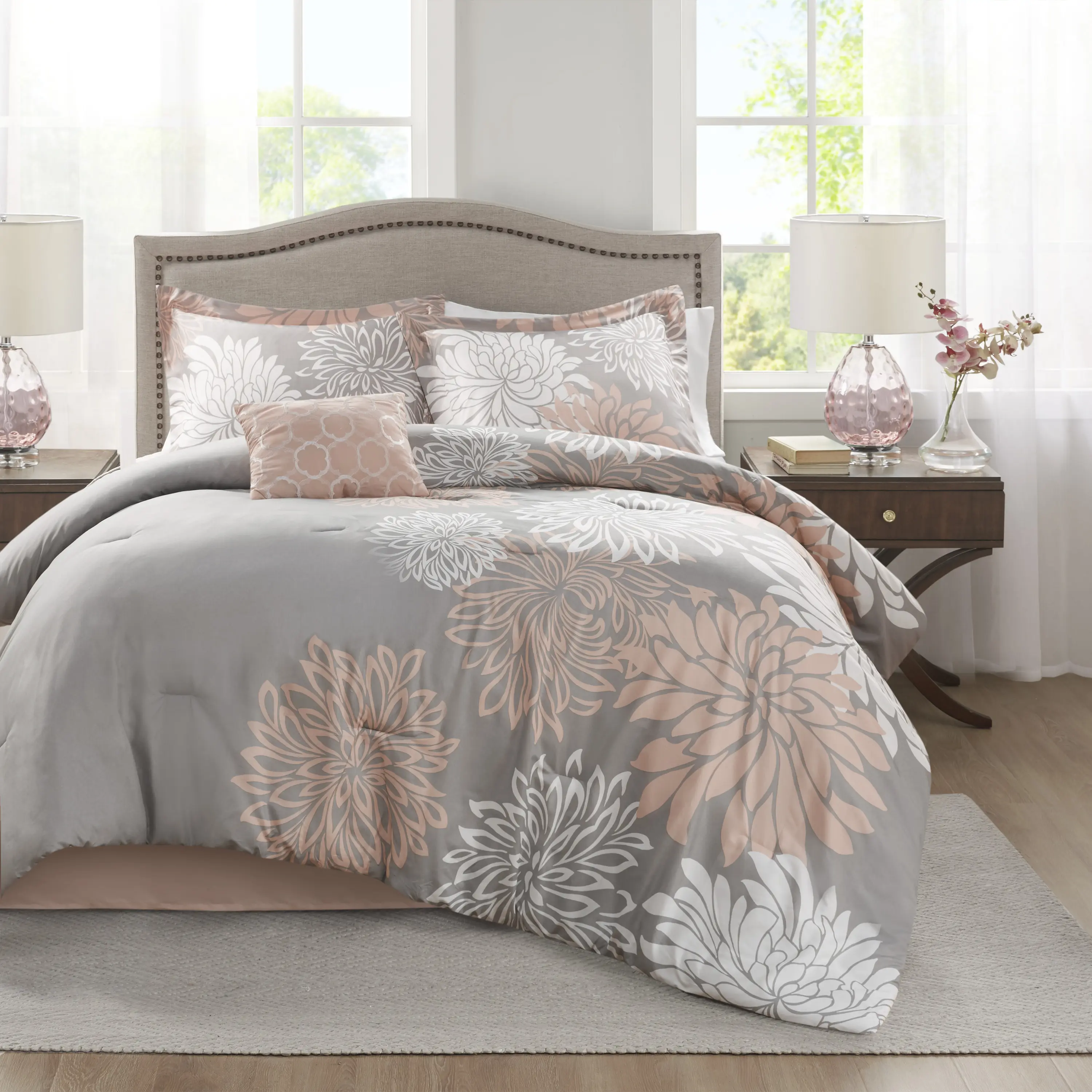 Queen Comforter Set, 5-Piece Hypoallergenic Polyester Floral Bedding Set - Breathable All-Season Bedding with Shams, Bedskirt & Decorative Pillow for Bedding Decor, Bed Cover Set, Floral Print