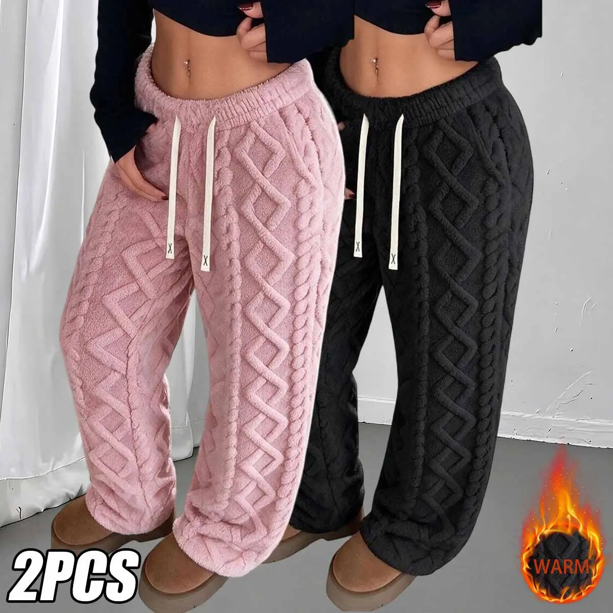 Women's 2-Pack Basic Minimalist Thick Fleece-Lined Insulated Stretchy Drawstring Elastic Mid-Rise Jacquard Winter Warm Pants, Casual Long Bottoms for Home & Leisure Activities, Thick Fleece Pants