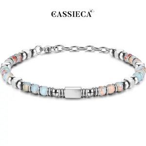 CASSIECA Beaded Bracelets for Women Men Stainless Steel Bracelet Pink Crystal Obsidian Tiger Eye Friendship Anxiety Silver Bracelet Turquoise Jewellery 4MM