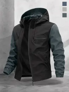 Men's Outdoor Hooded Raincoat, Waterproof Breathable Wrinkle-Resistant Fabric, Adjustable Hood, Long Sleeve, All Seasons, Casual Style