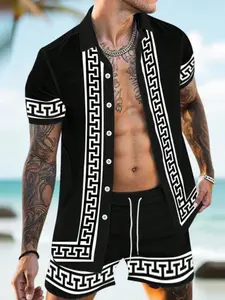 Manfinity RSRT 2pcs Men's Summer Vacation Casual Print Short Sleeve Shirt & Shorts Set