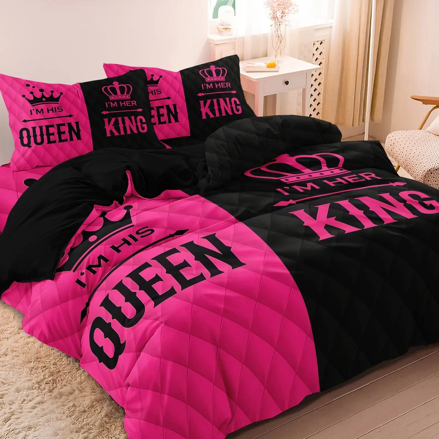 3pcs Couple's Duvet Cover Set, King and Queen Theme Bedding Set, 1 Duvet Cover and 2 Pillowcases (No Inserts), All-Season Home Bedroom Romantic Crown Design, Pink and Black Contrast, Bed Covers
