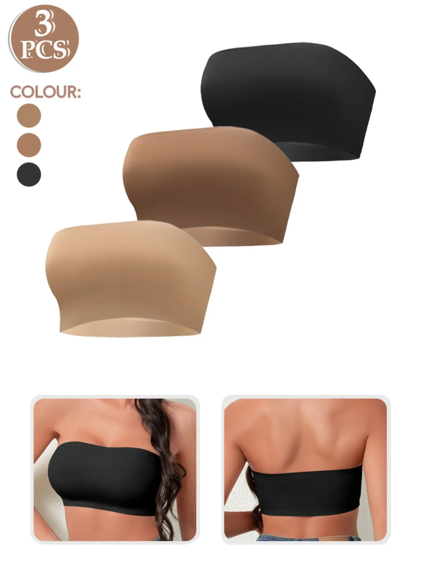 1/3pcs Anti-slip silicone Women's Backless Bralette Set, Bra Pack, No Padding Bras Medium Support Fitted Design, Plain Pattern All Season Wear, Unlined Buckleless Style Strapless Bras