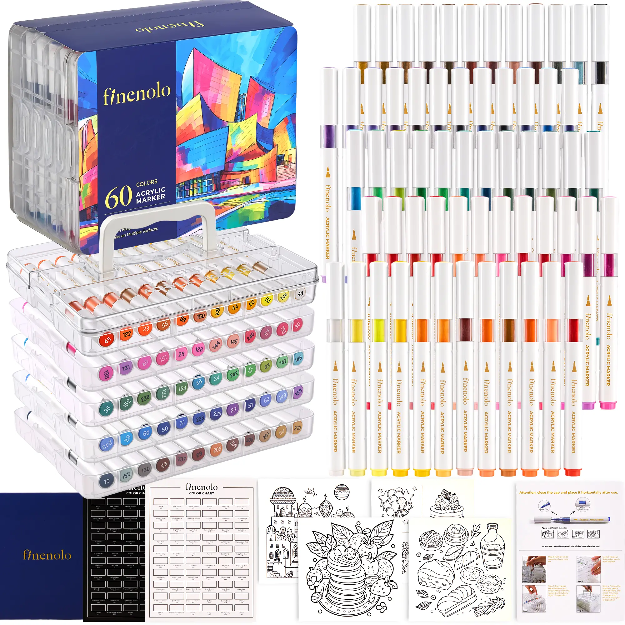 FINENOLO Brush Tip Acrylic Markers Set (24/36/60 Pack) with Portable Stackable Storage Box, Premium Water-Based Automatic Ink Colored Pens Drawing & Painting Supplies for All Levels, Art Supplies for Rock Painting, DIY Crafts